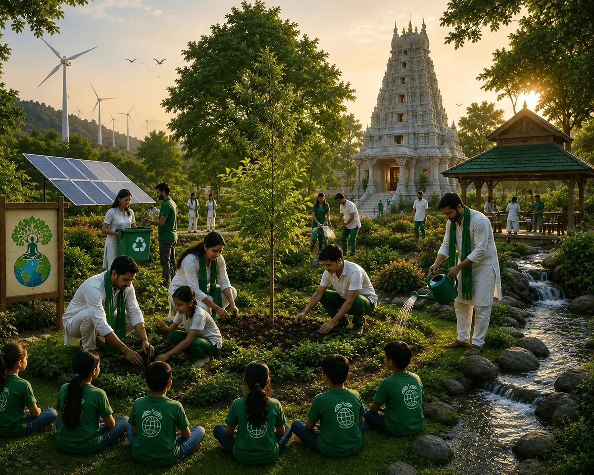 Corporate CSR tree plantation and eco-spiritual conservation programs promoting sacred groves, community participation, biodiversity, and environmental sustainability.